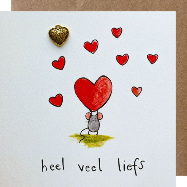 Wenskaart met bedeltje hartjes muis